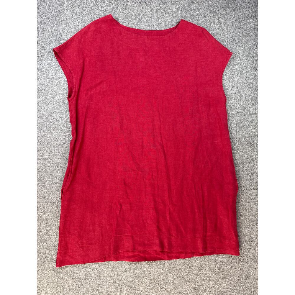 Bryn Walker Linen Tunic Dress Red Cap Sleeve Lagenlook Natural Sustainable Sz XS